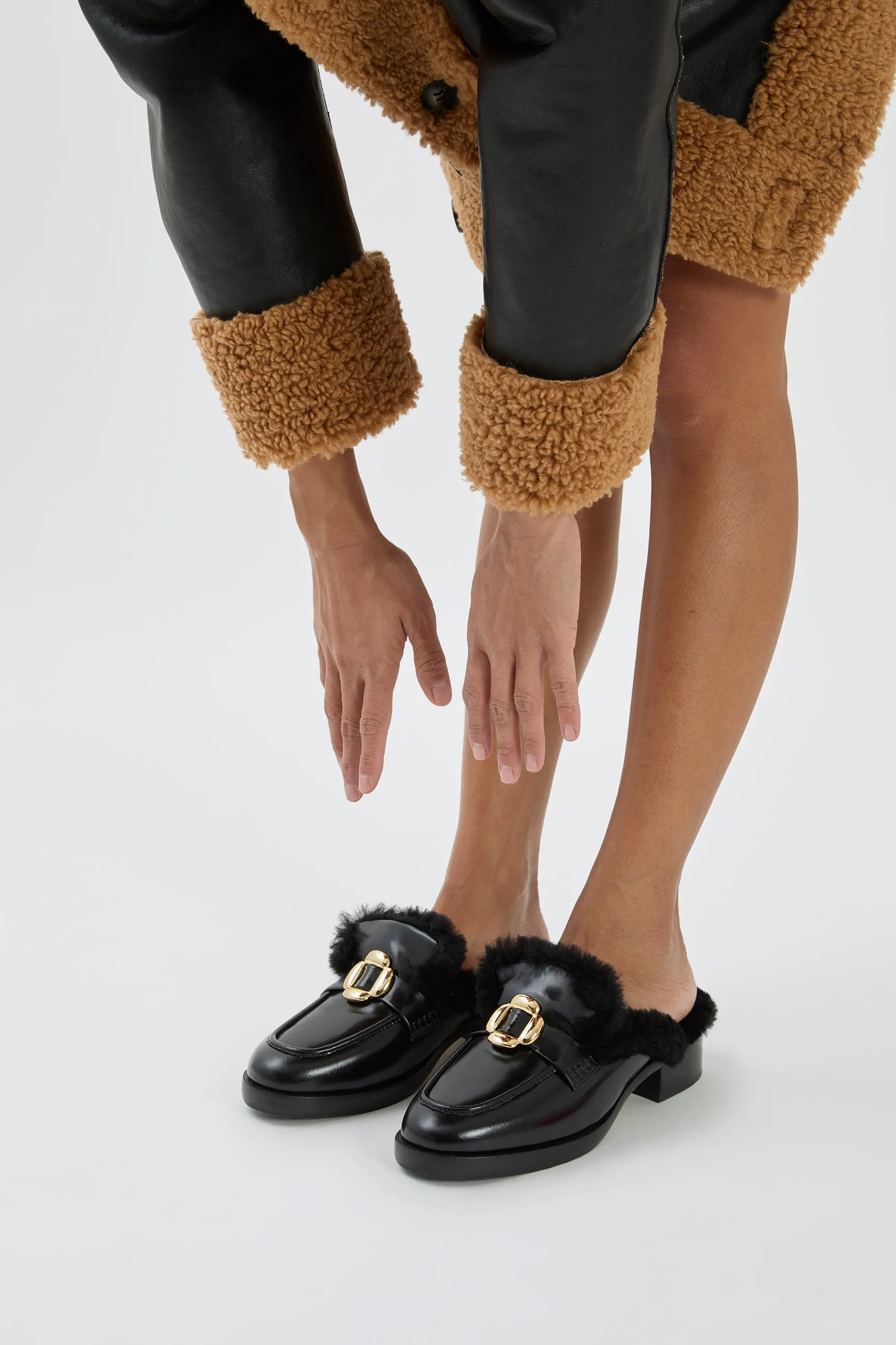 Bobbie Mule In Black Leather and Black Shearling