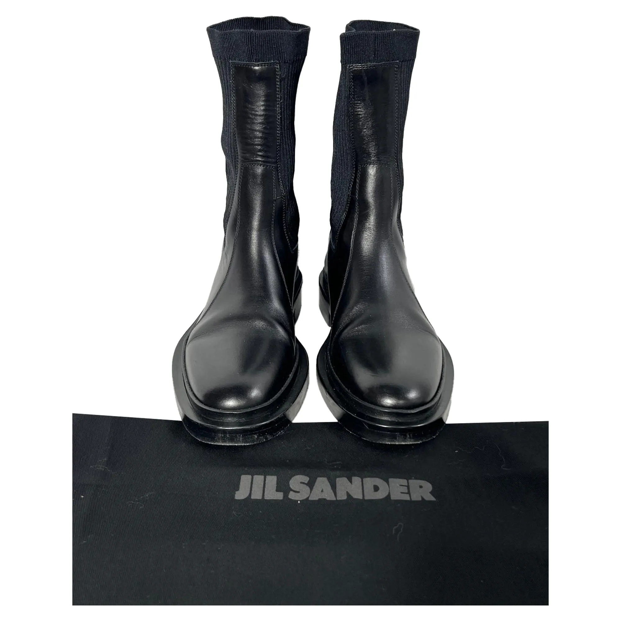 Jil Sander Ribbed Sock Chelsea Ankle Boots in Black Leather