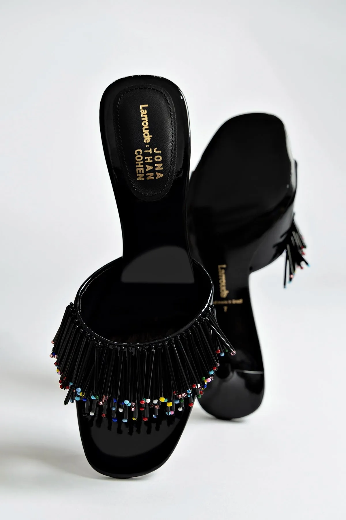 Larroud x Jonathan Cohen Fringe Greta Mule In Black Patent Leather