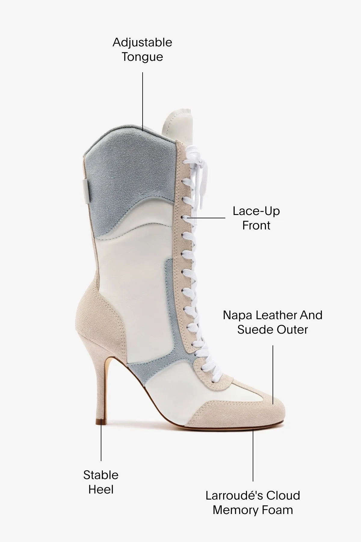 Larroud x Jonathan Cohen High Heel Sneaker Boot In White Leather, Maya and Mushroom Grey Suede