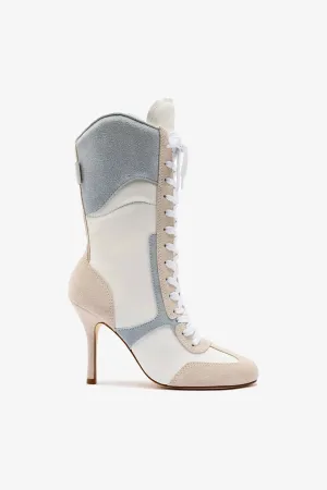 Larroud x Jonathan Cohen High Heel Sneaker Boot In White Leather, Maya and Mushroom Grey Suede