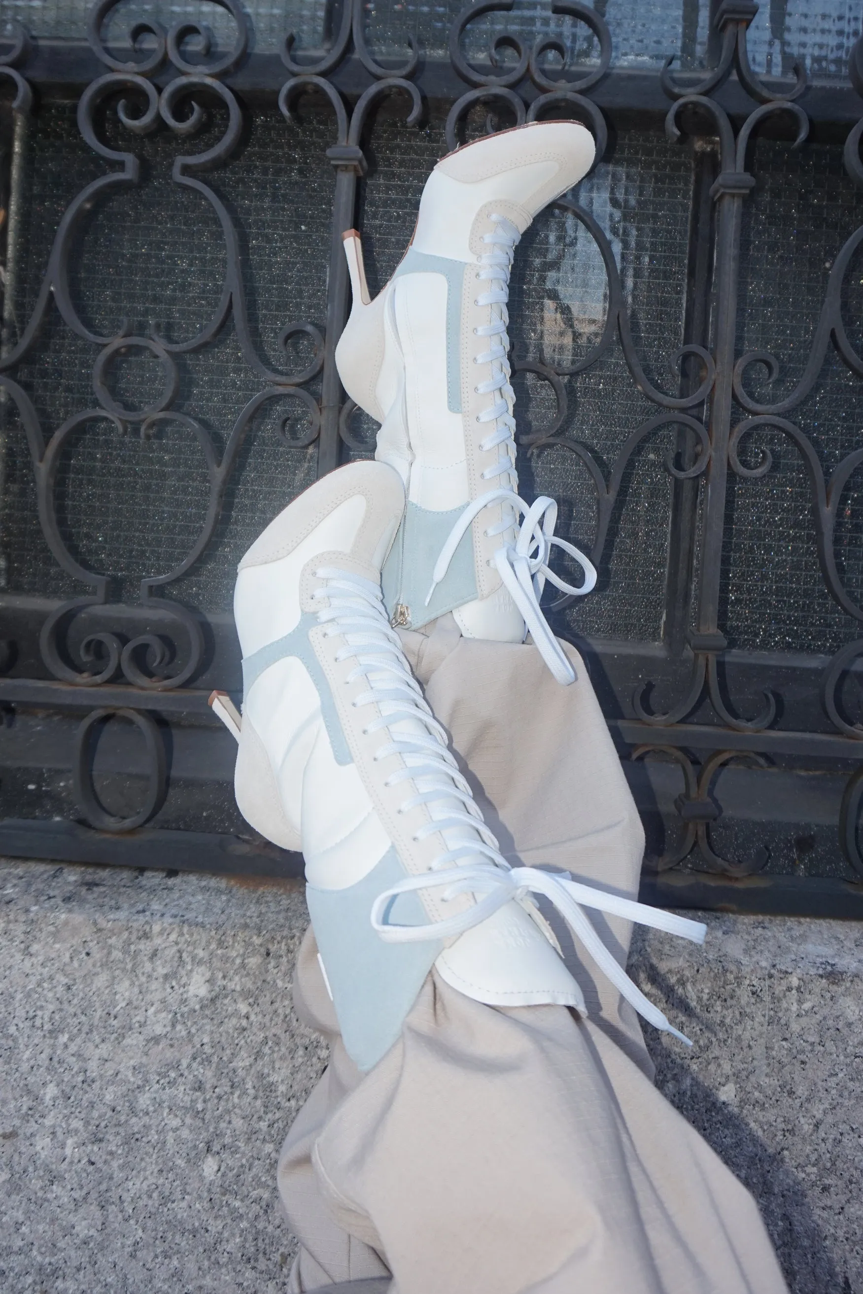 Larroud x Jonathan Cohen High Heel Sneaker Boot In White Leather, Maya and Mushroom Grey Suede
