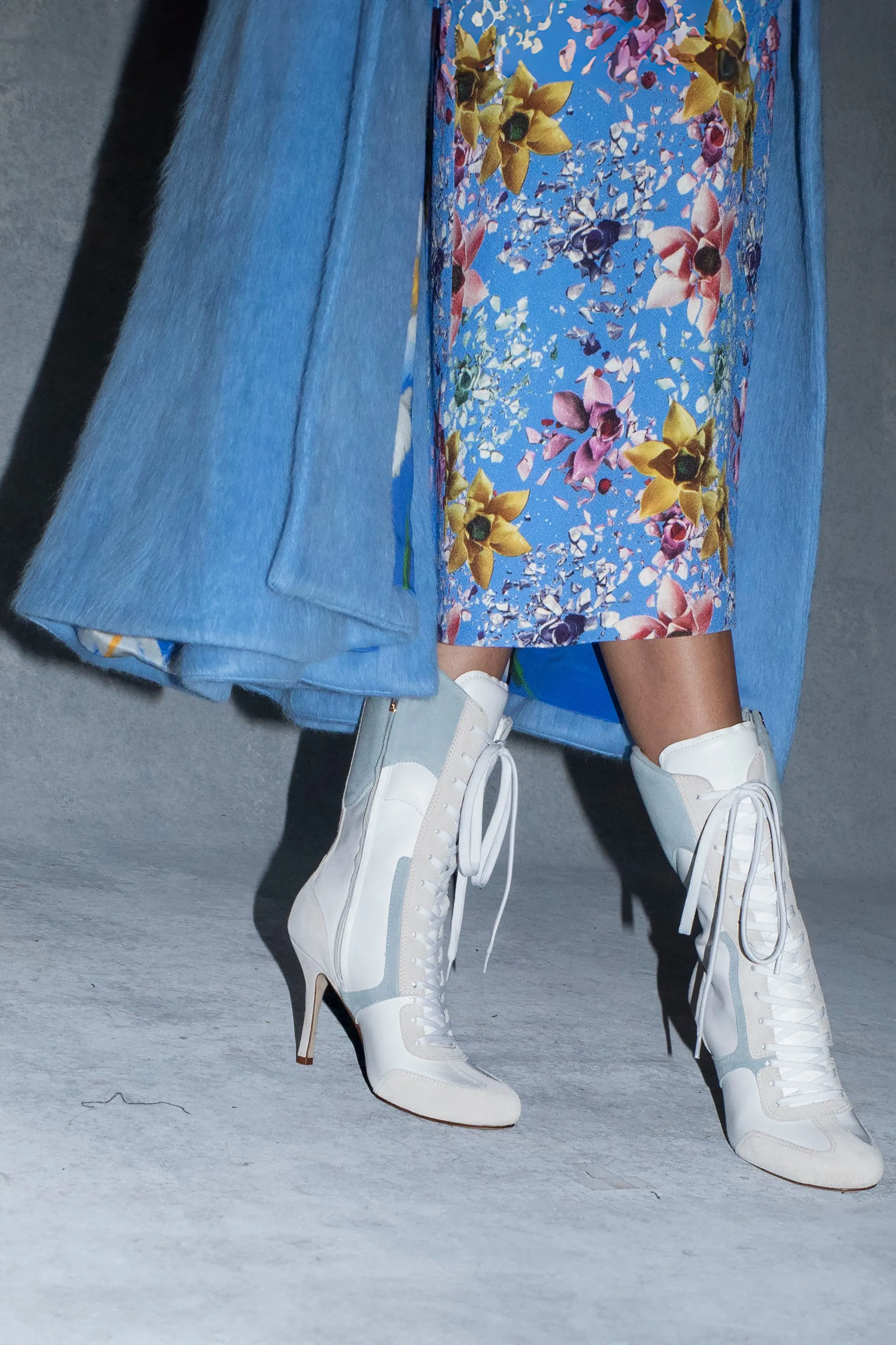 Larroud x Jonathan Cohen High Heel Sneaker Boot In White Leather, Maya and Mushroom Grey Suede