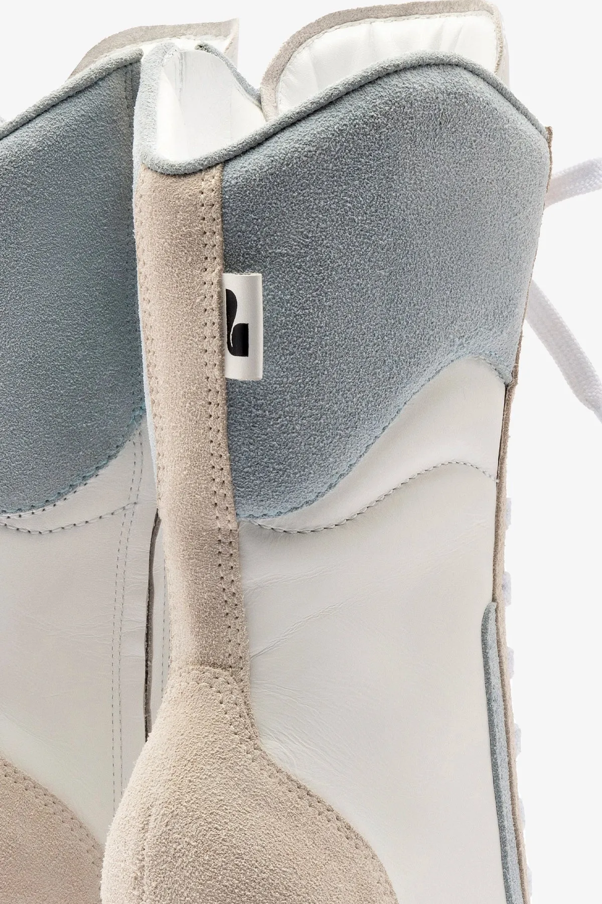 Larroud x Jonathan Cohen High Heel Sneaker Boot In White Leather, Maya and Mushroom Grey Suede