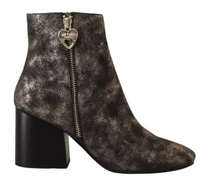 MY TWIN Leather Block Heels Ankle Boots Zipper Women's Shoes (Pre-Owned)