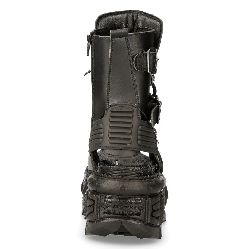 New Rock Unisex Black Vegan Leather Sandal Boots- BIOS107-V1
