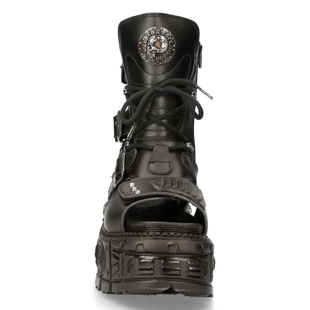 New Rock Unisex Black Vegan Leather Sandal Boots- BIOS107-V1