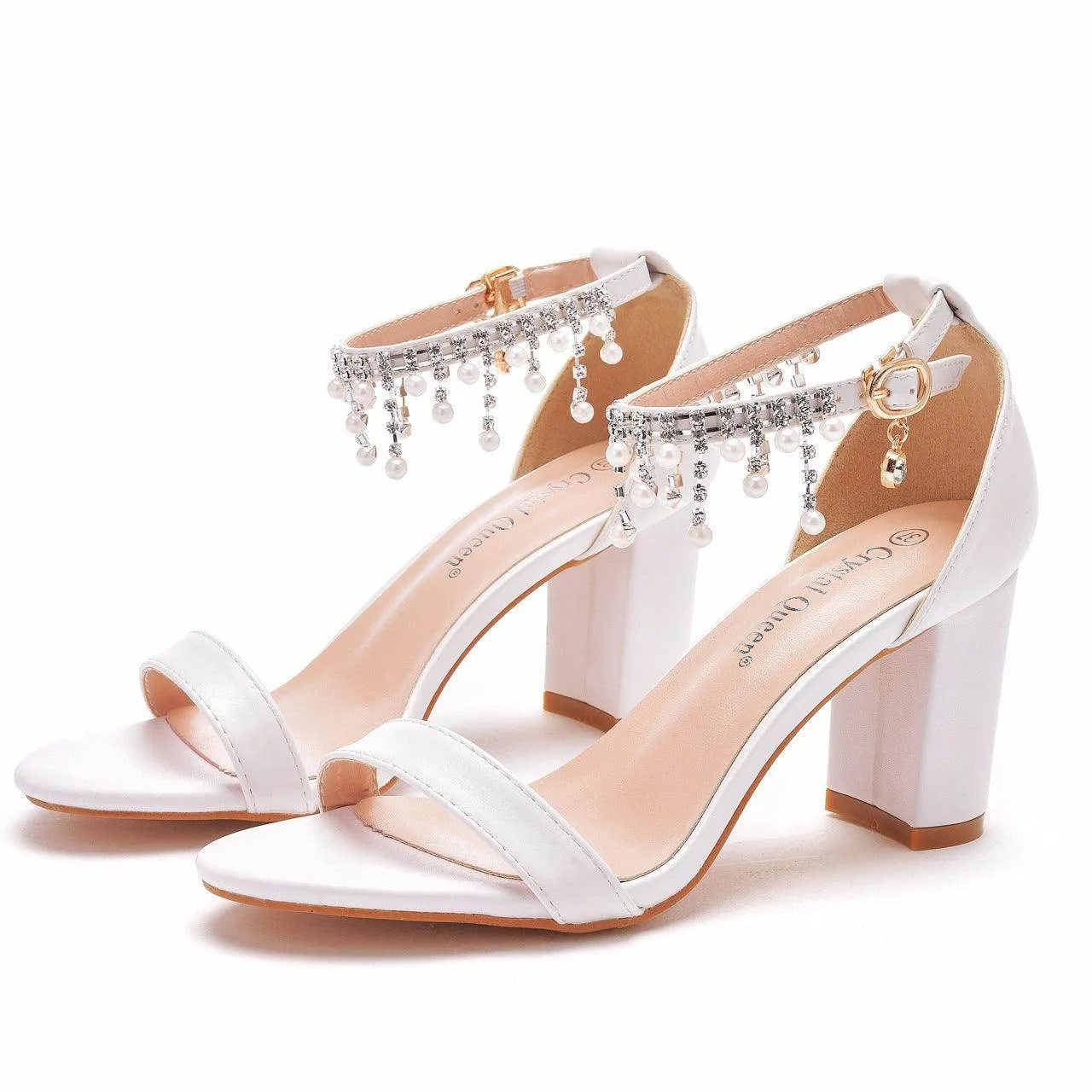 Pearl  Faux Leather Ankle Strap Block Heel Sandals 644083540286
