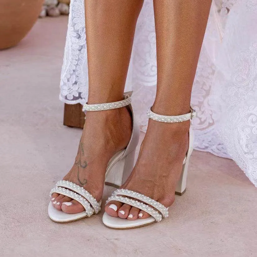 Pearl Faux Leather Ankle Strap  Block  Heels 728525145929