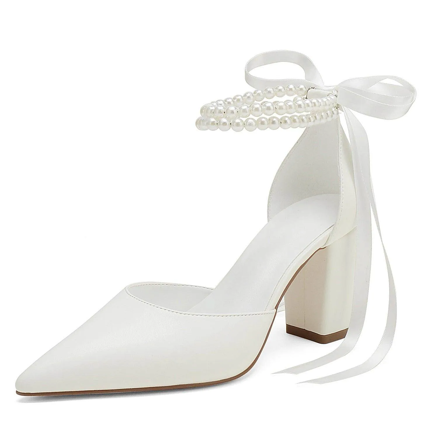Pearl  white Satin Pointy  Block Heels 708400120081