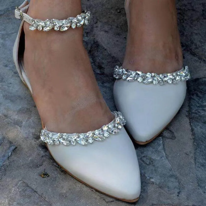 Rhinestone Ankle Strap Pointy Flat Shoes 728300420906