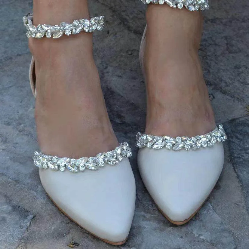 Rhinestone Ankle Strap Pointy Flat Shoes 728300420906