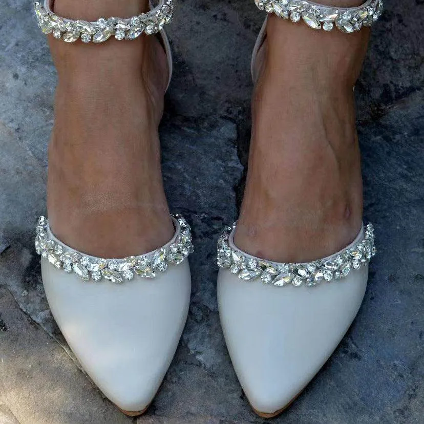 Rhinestone Ankle Strap Pointy Flat Shoes 728300420906