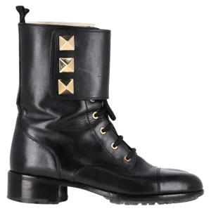 Valentino Rockstud Lace-Up Combat Boots in Black Leather