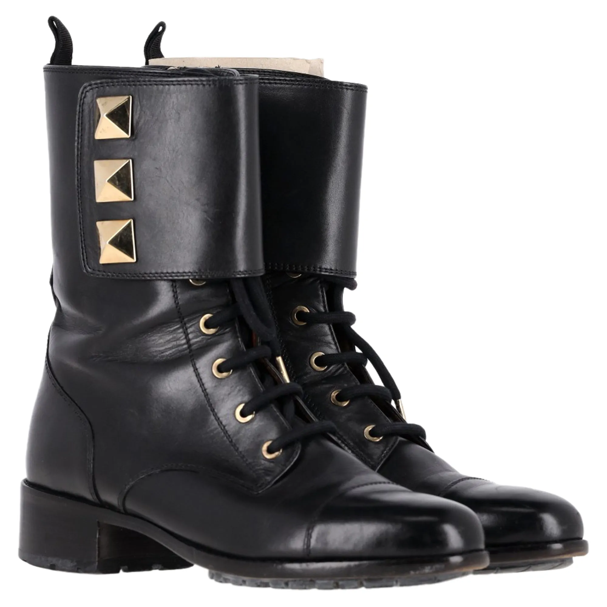 Valentino Rockstud Lace-Up Combat Boots in Black Leather