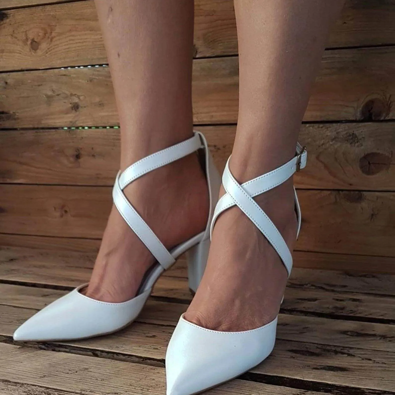 White Cross Pointy  Block Heel Sandals  709079195670