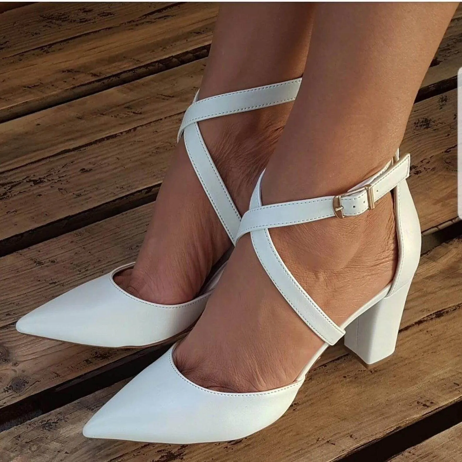 White Cross Pointy  Block Heel Sandals  709079195670