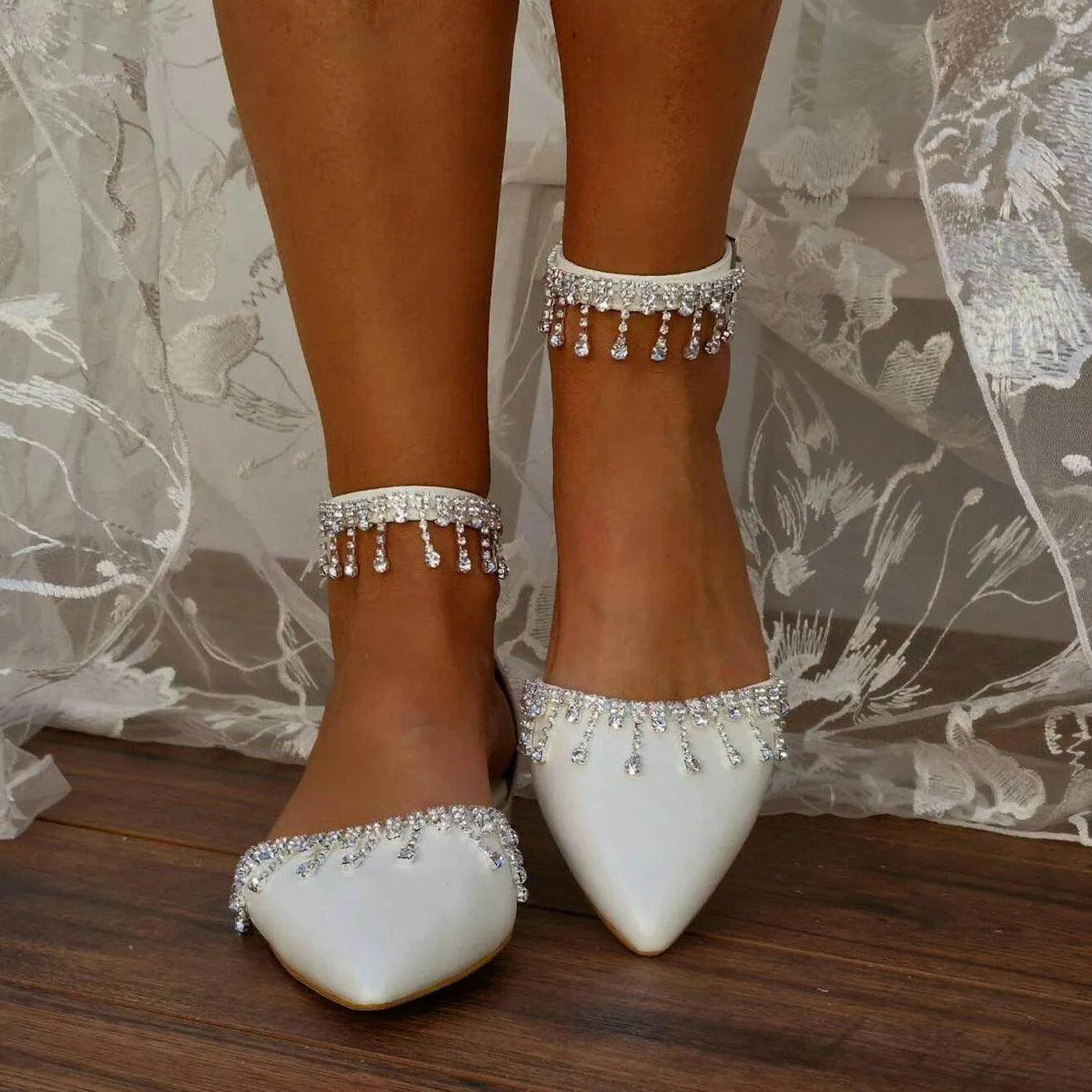 White Crystal Ankle Strap Pointy Flat Shoes 708270132734