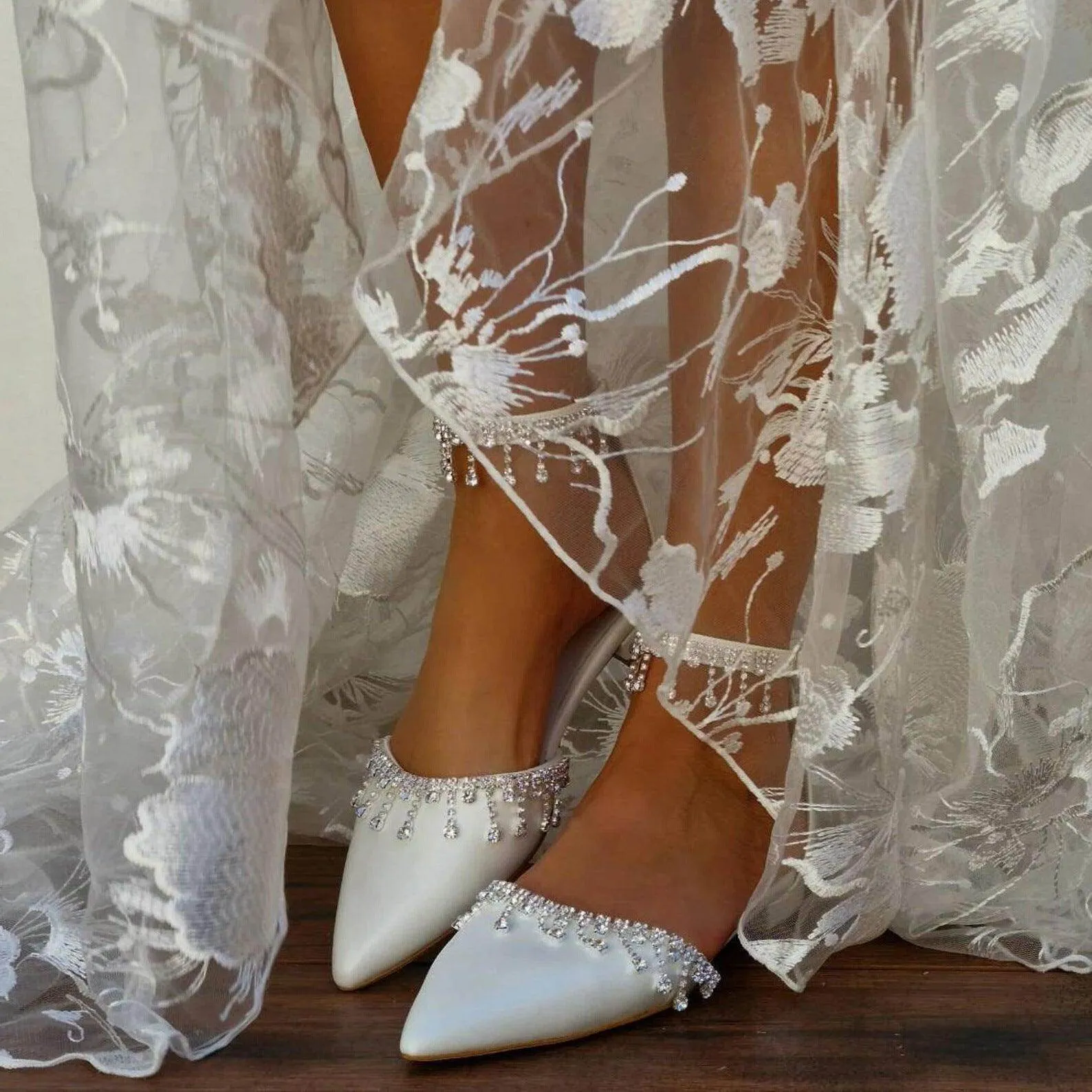 White Crystal Ankle Strap Pointy Flat Shoes 708270132734