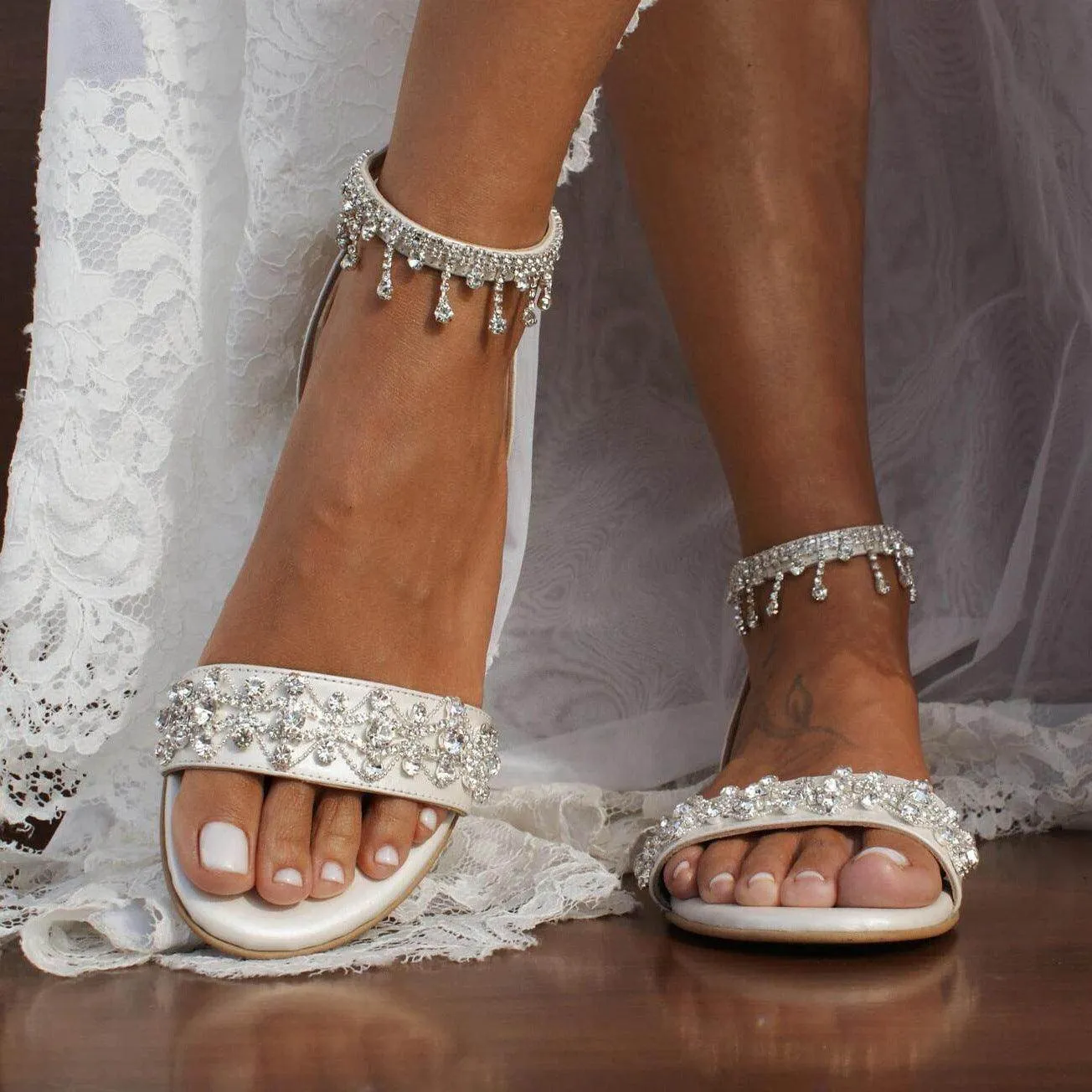 White Crystal  Round Flat Shoes Sandals 708749254657
