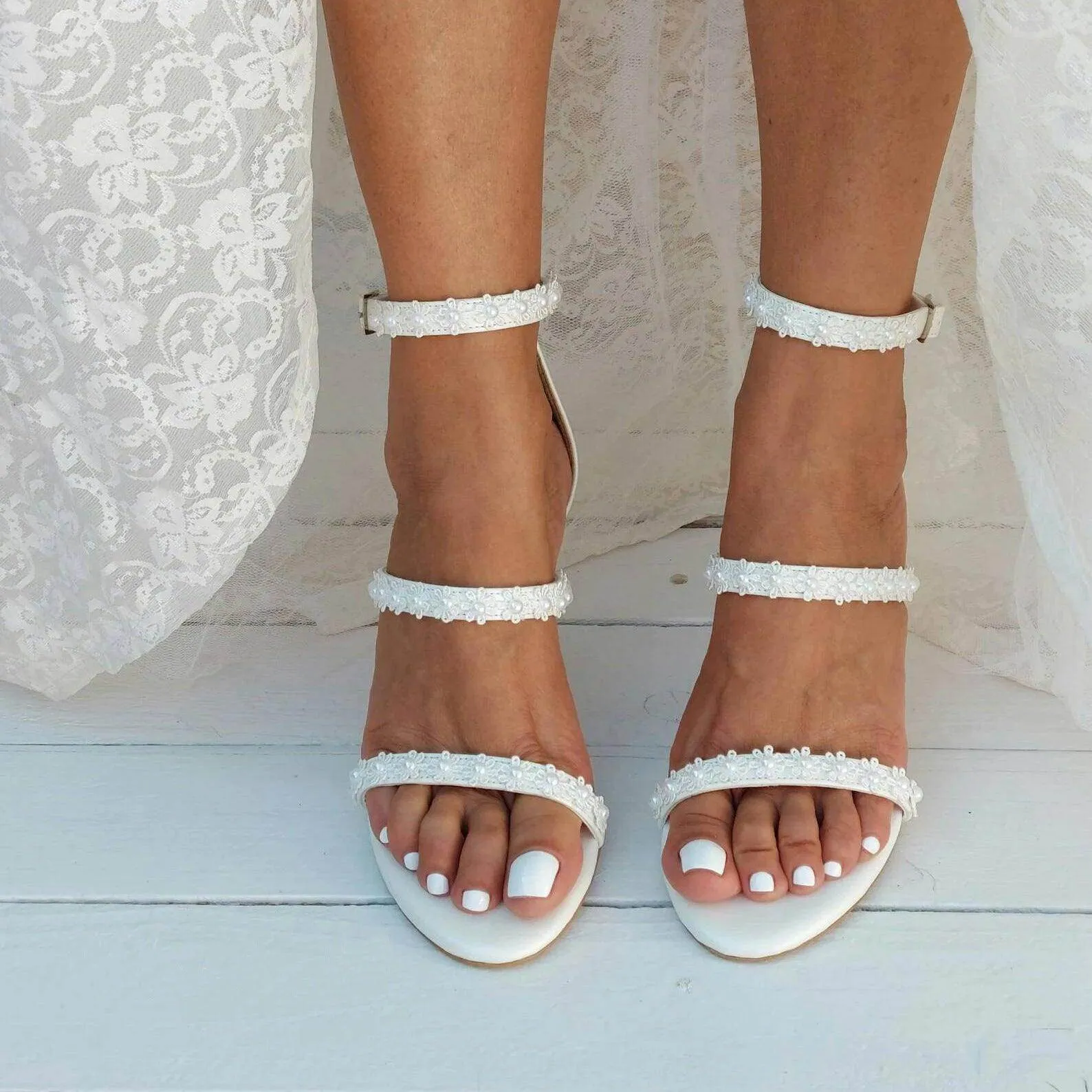 White Lace  Ankle Strap Block Heel Sandals 708995413390