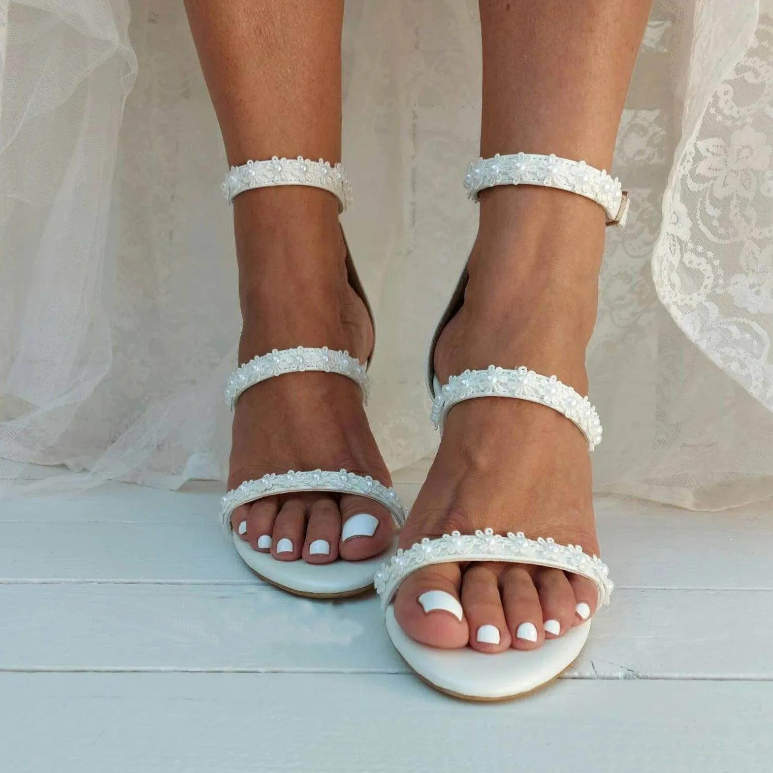 White Lace  Ankle Strap Block Heel Sandals 708995413390