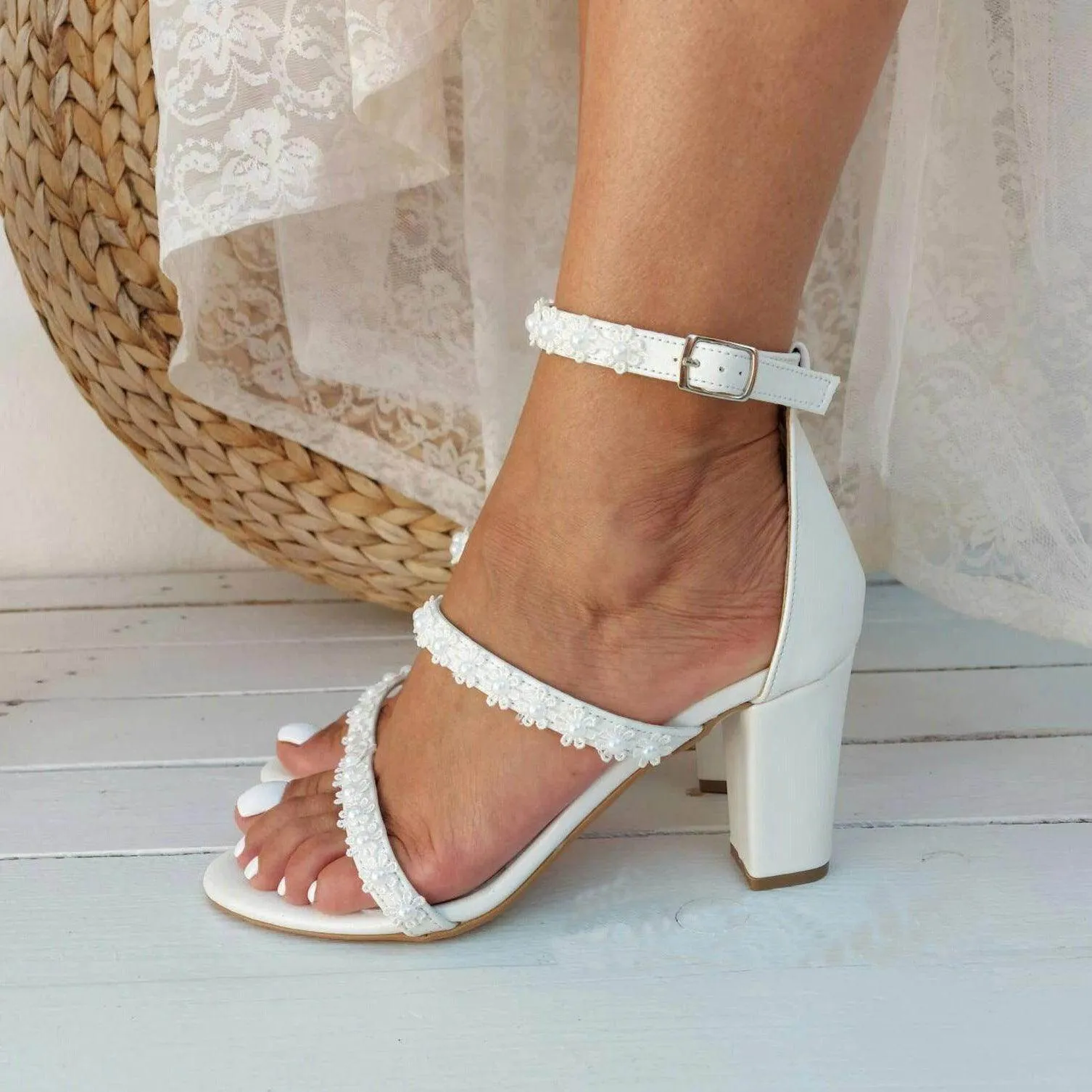 White Lace  Ankle Strap Block Heel Sandals 708995413390