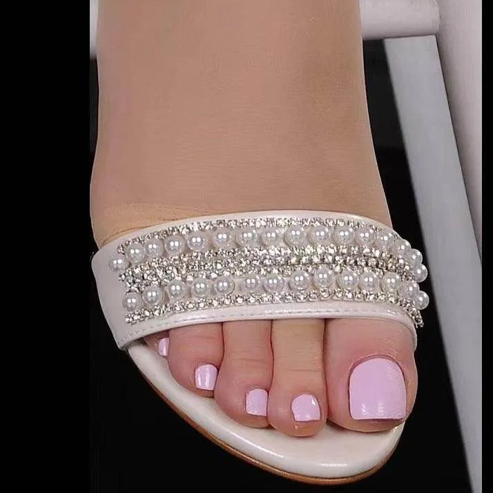 White Pearl and Rhinestone Ankle Strap Block Heel Sandals   728679690326