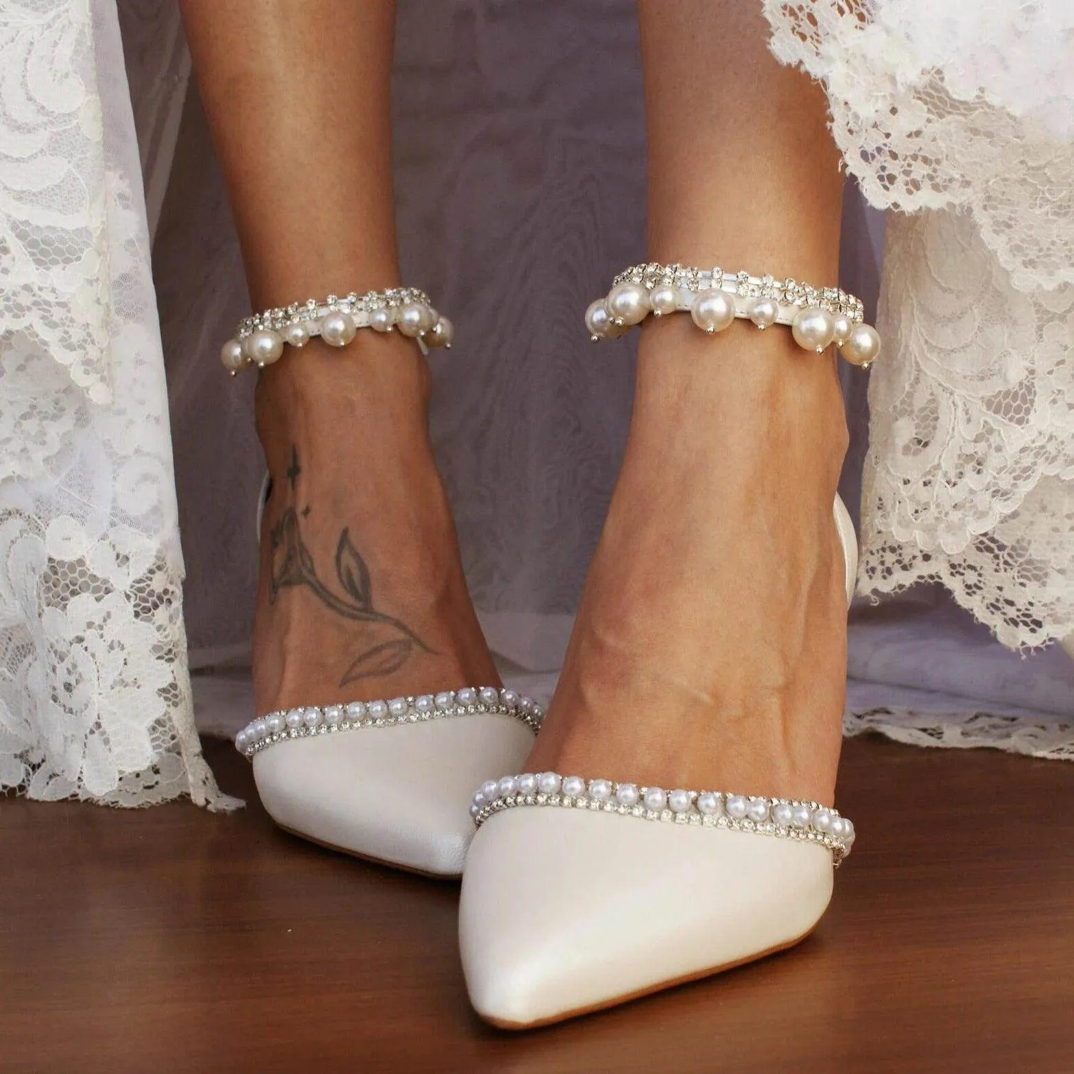 White  Pearl  Ankle Strap Pointy  Block Heels  709119829327