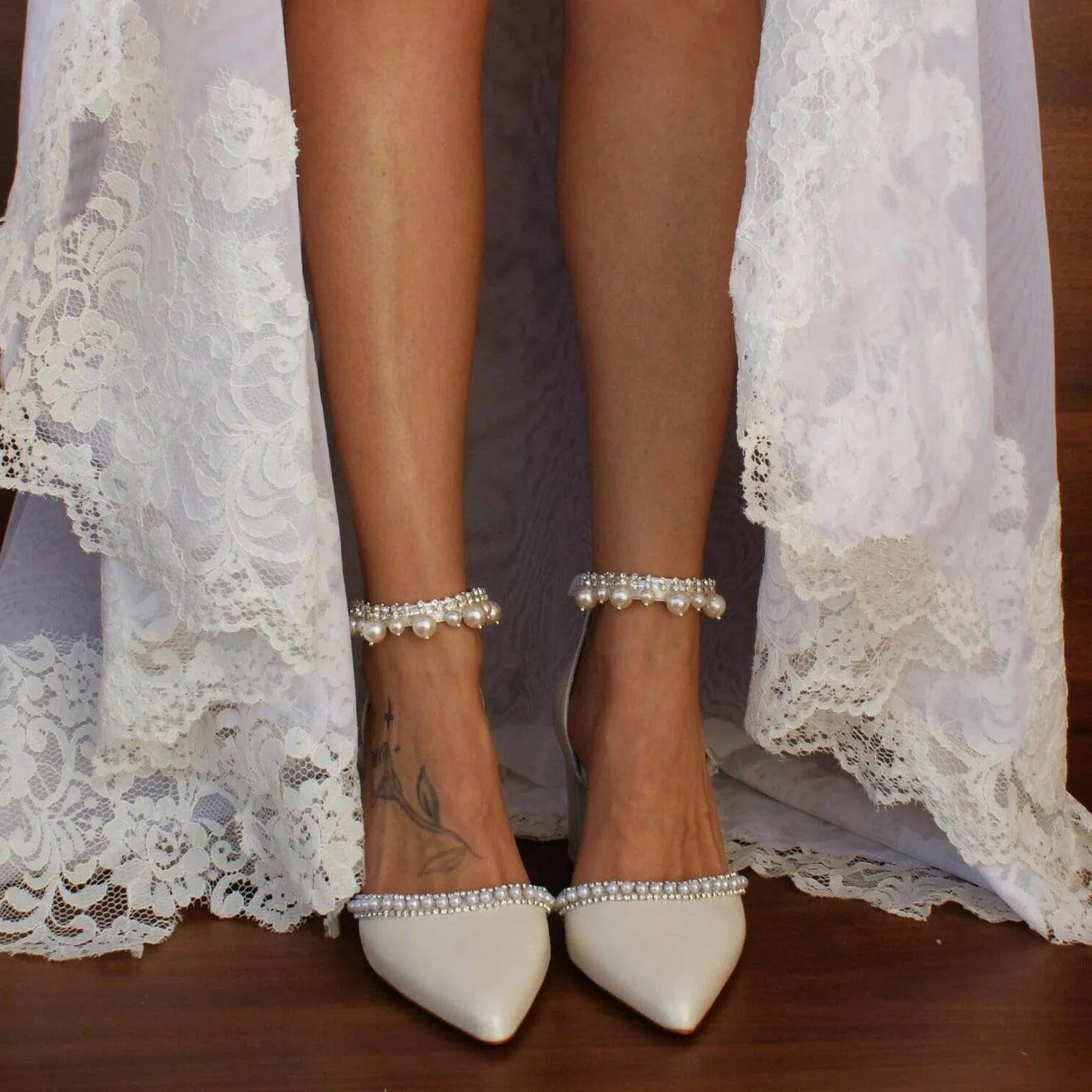 White  Pearl  Ankle Strap Pointy  Block Heels  709119829327