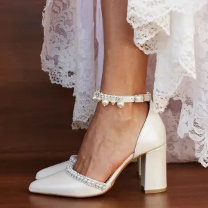White  Pearl  Ankle Strap Pointy  Block Heels  709119829327