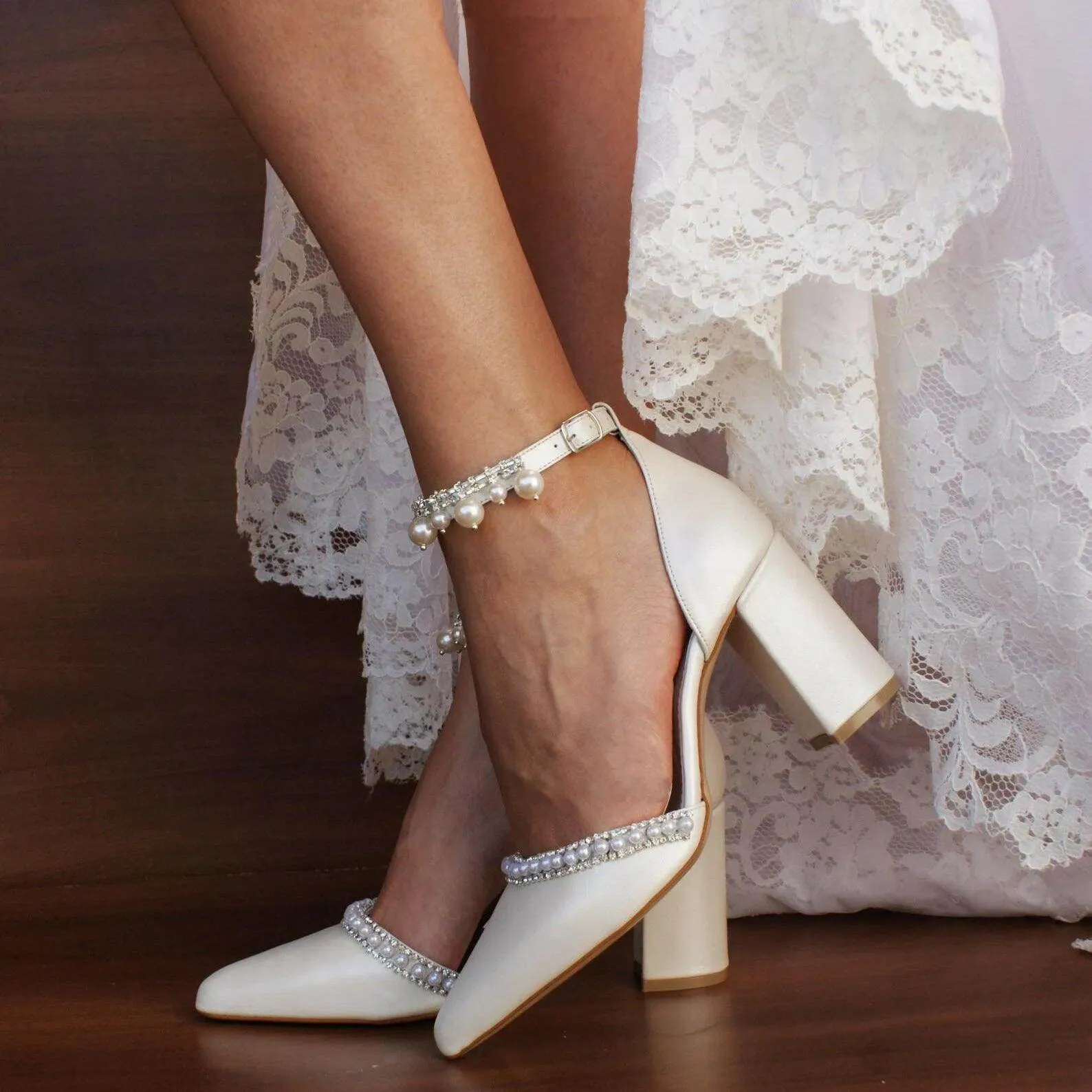 White  Pearl  Ankle Strap Pointy  Block Heels  709119829327