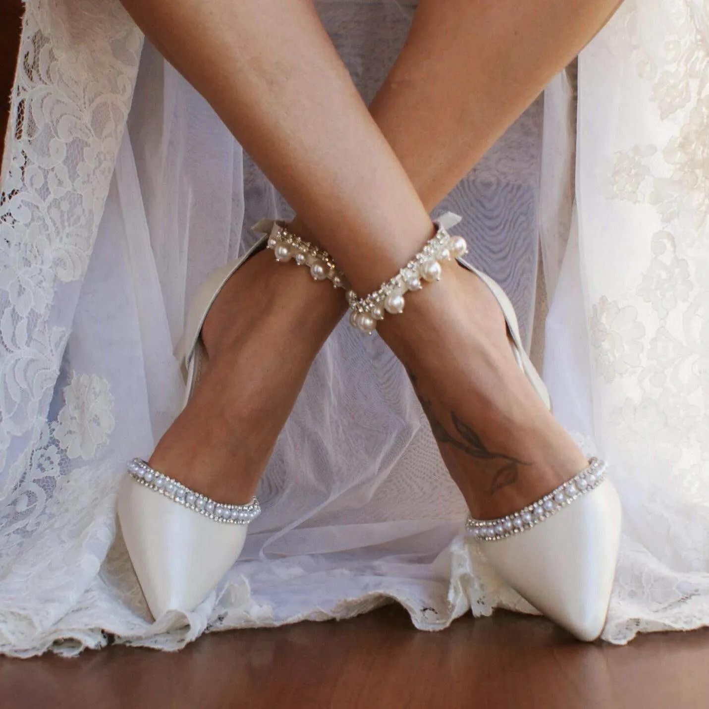 White  Pearl  Ankle Strap Pointy  Block Heels  709119829327