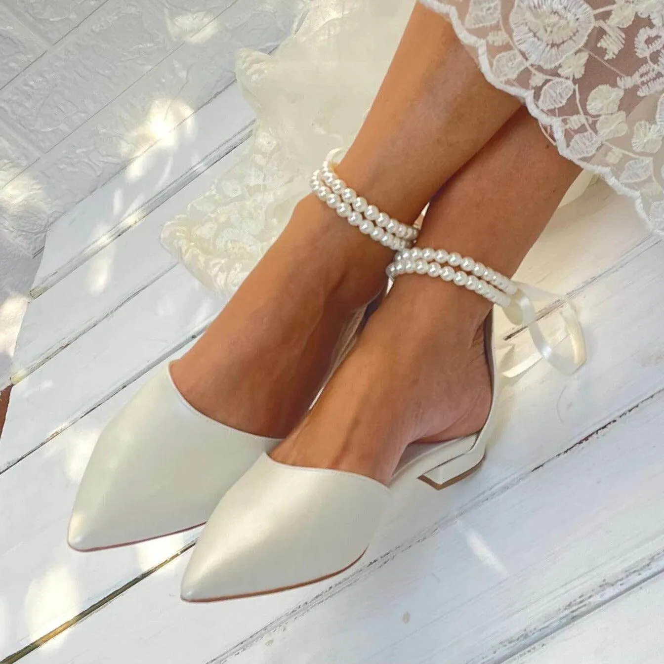 White pearl Ankle Strap Pointy Flat Shoes 708546617778