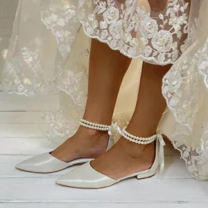 White pearl Ankle Strap Pointy Flat Shoes 708546617778