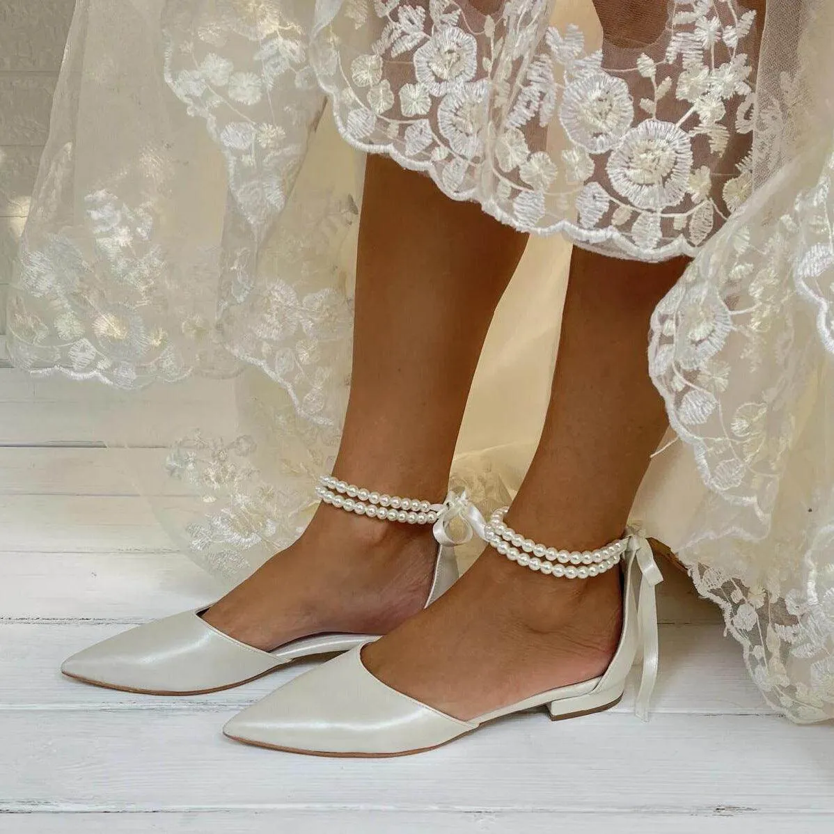 White pearl Ankle Strap Pointy Flat Shoes 708546617778