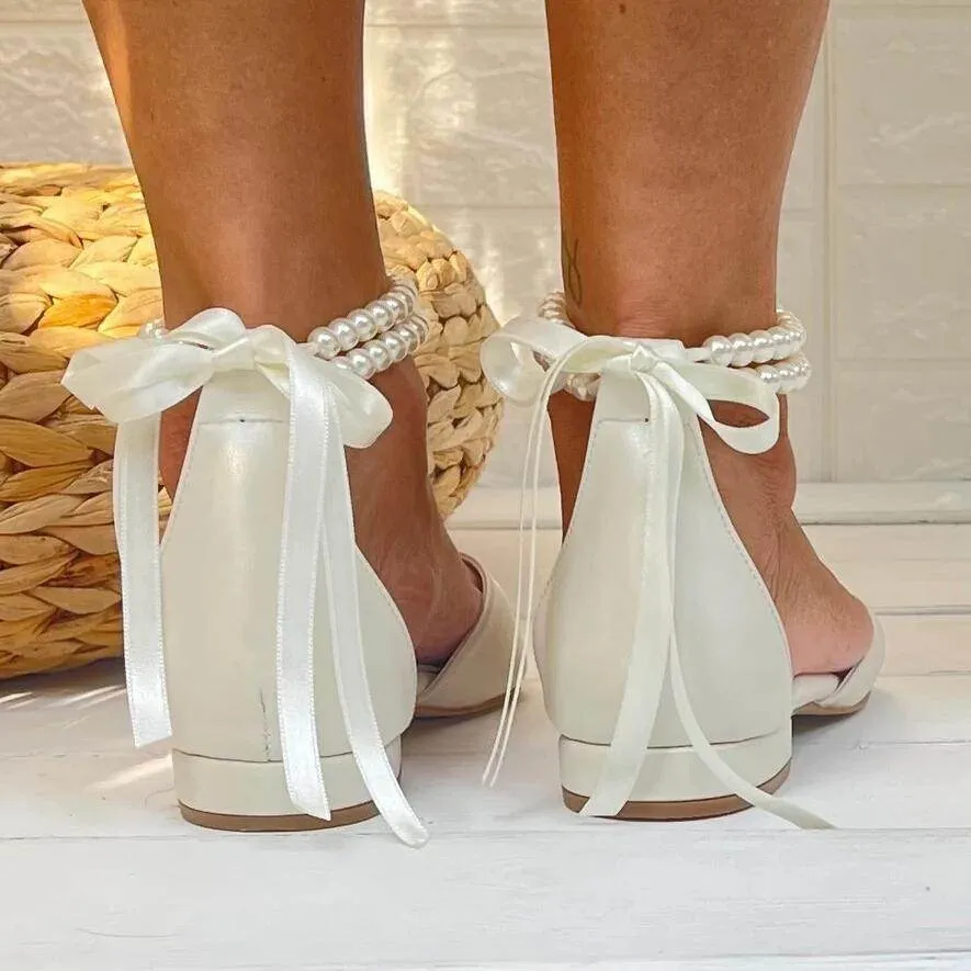 White pearl Ankle Strap Pointy Flat Shoes 708546617778