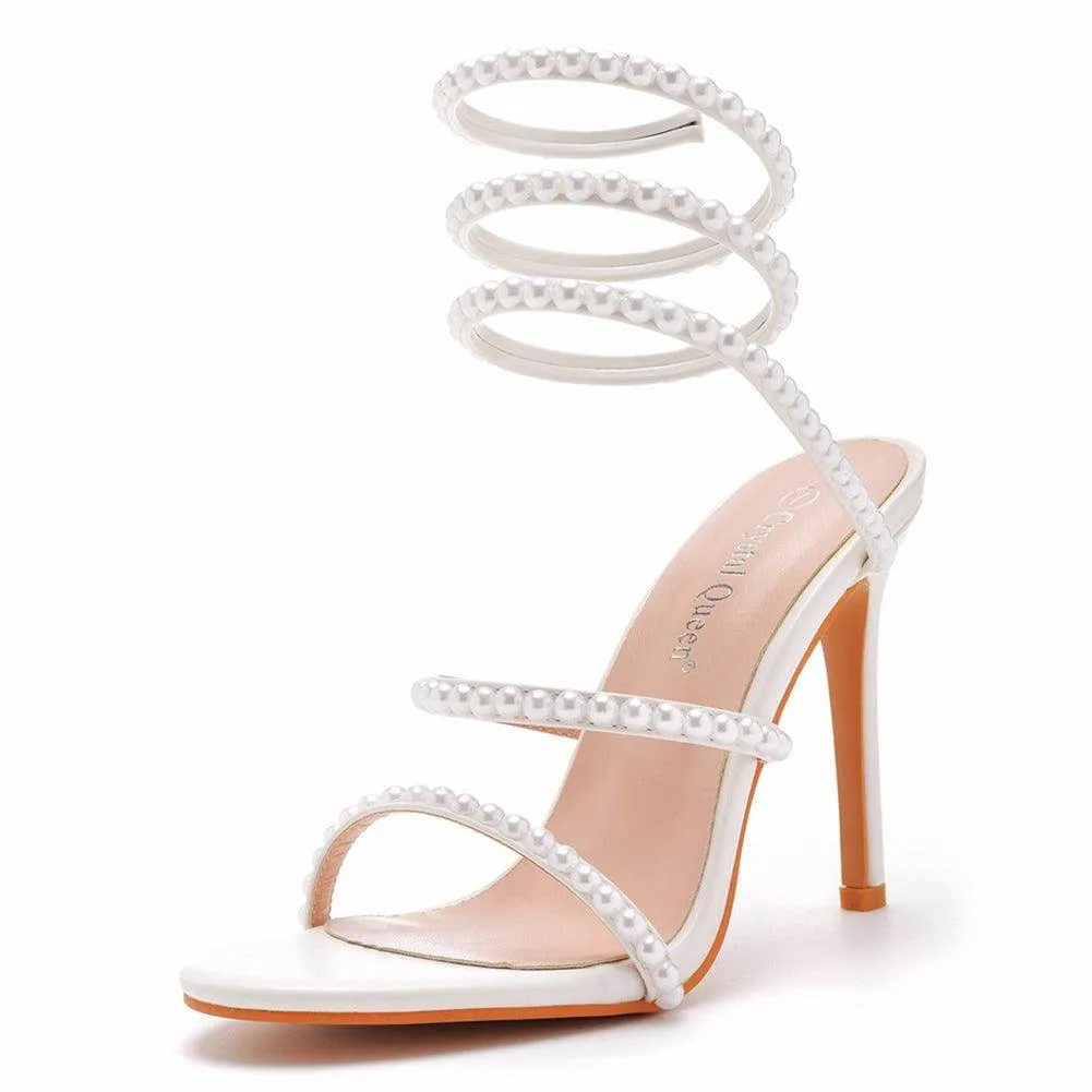 White Pearl Ankle Strap Pointy Stiletto heel Sandals  712542089589