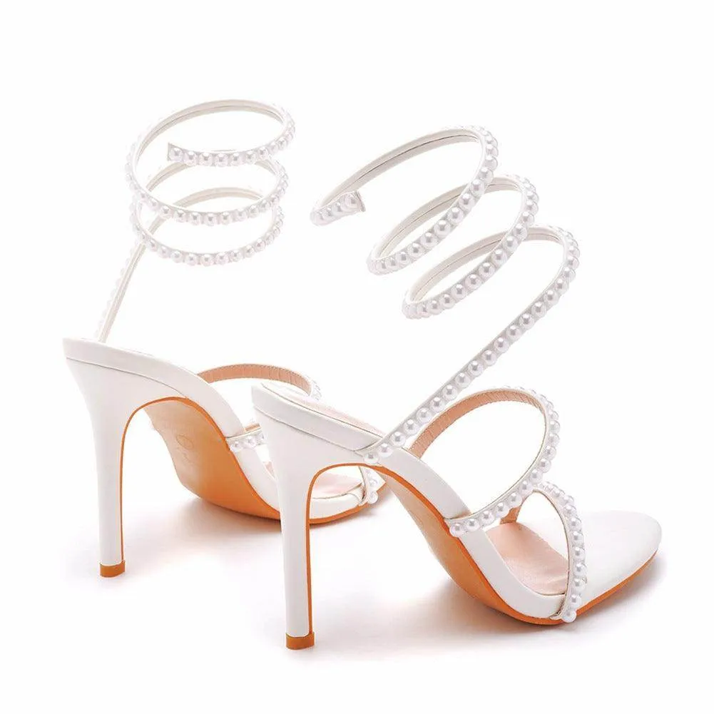 White Pearl Ankle Strap Pointy Stiletto heel Sandals  712542089589
