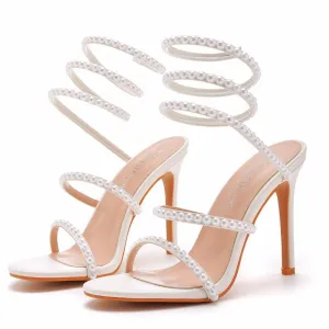 White Pearl Ankle Strap Pointy Stiletto heel Sandals  712542089589