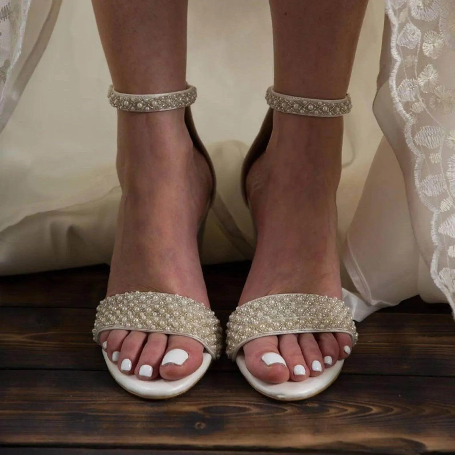 White Pearl Ankle Strap Round Block Heel Sandals 708036540906