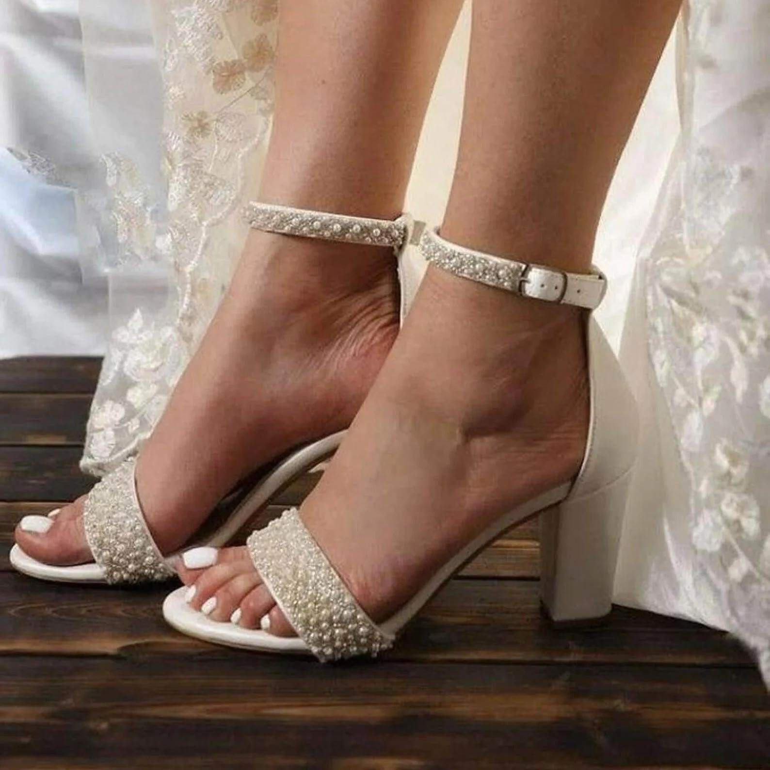 White Pearl Ankle Strap Round Block Heel Sandals 708036540906