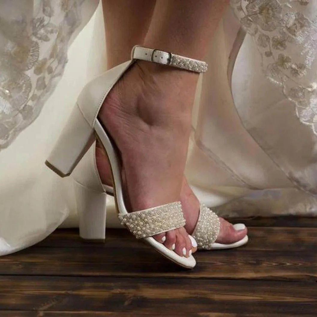 White Pearl Ankle Strap Round Block Heel Sandals 708036540906