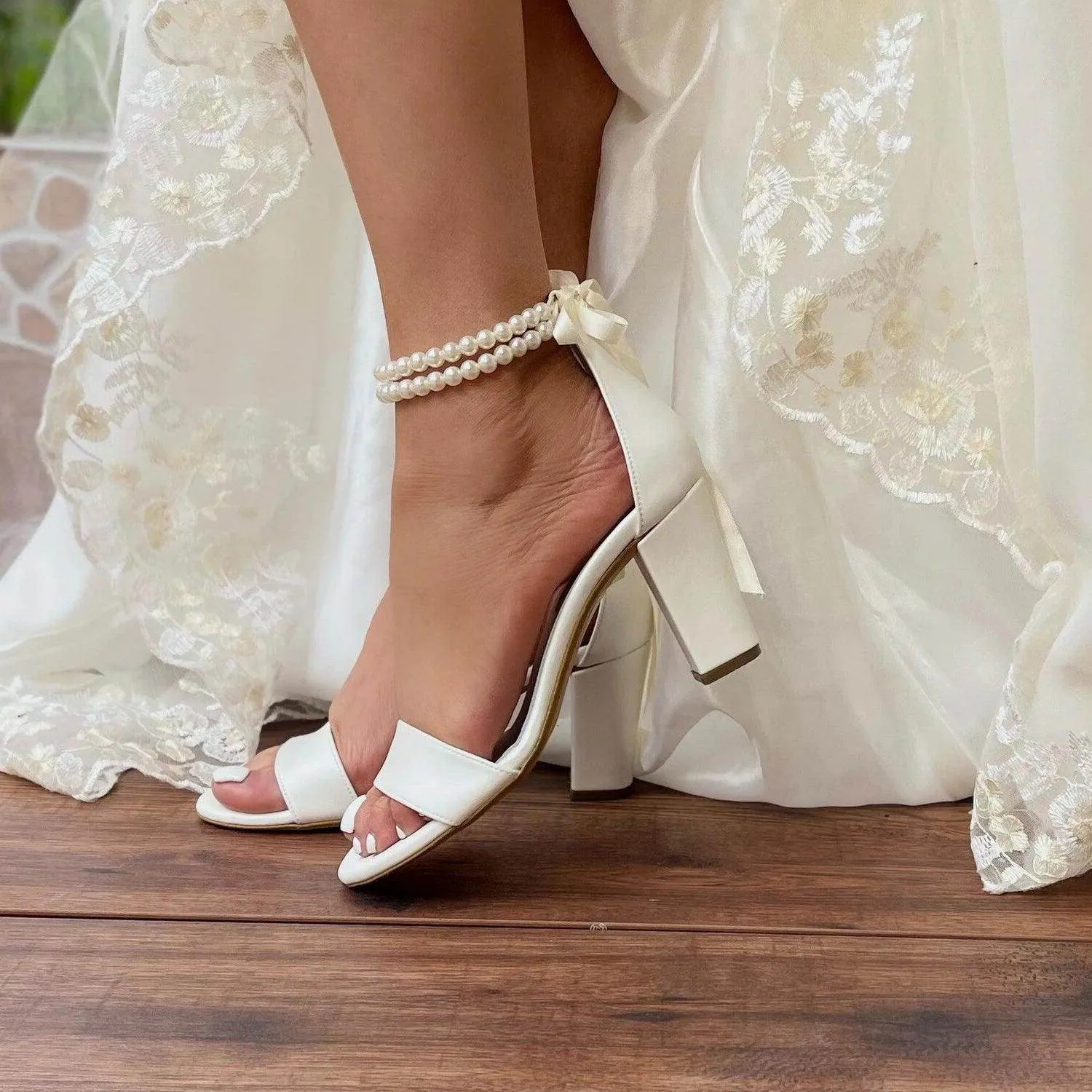 White Pearl Ankle Strap Round Block Heel Sandals 709190758540