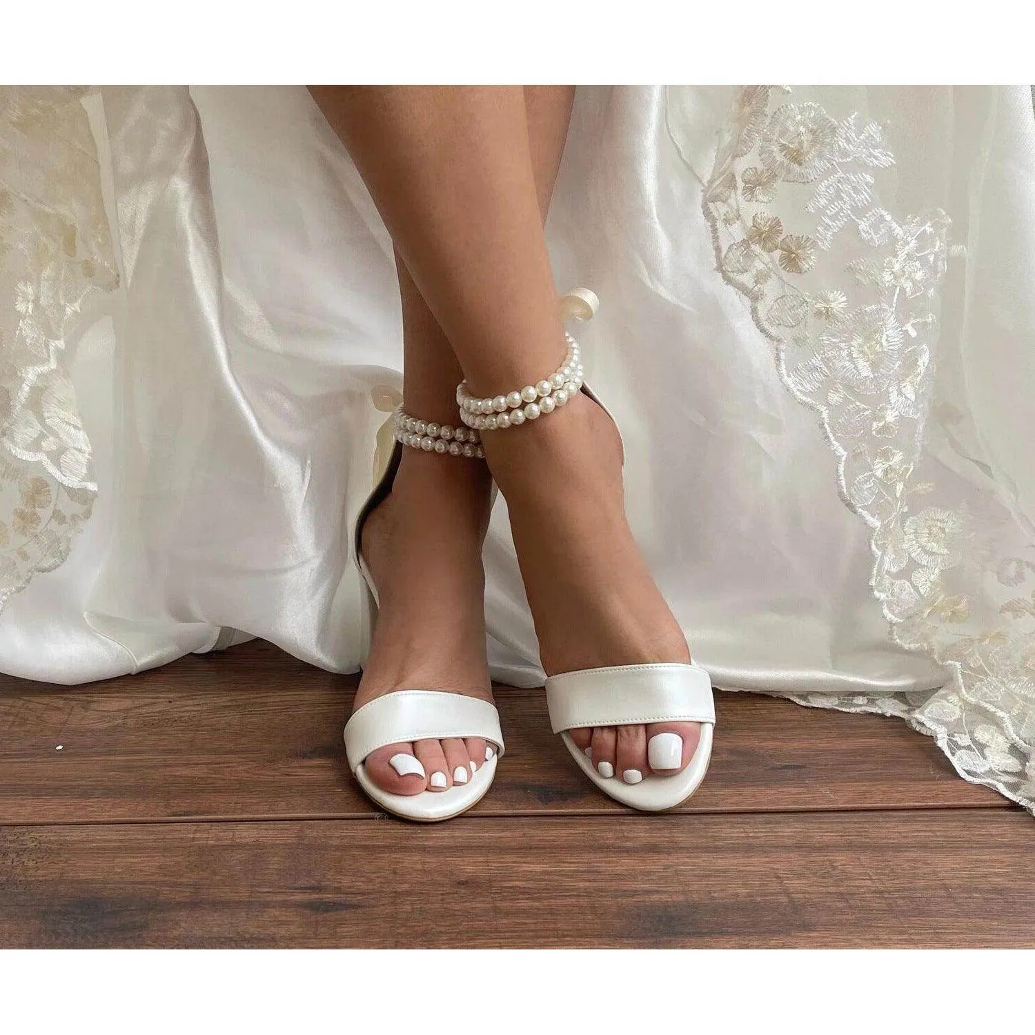White Pearl Ankle Strap Round Block Heel Sandals 709190758540
