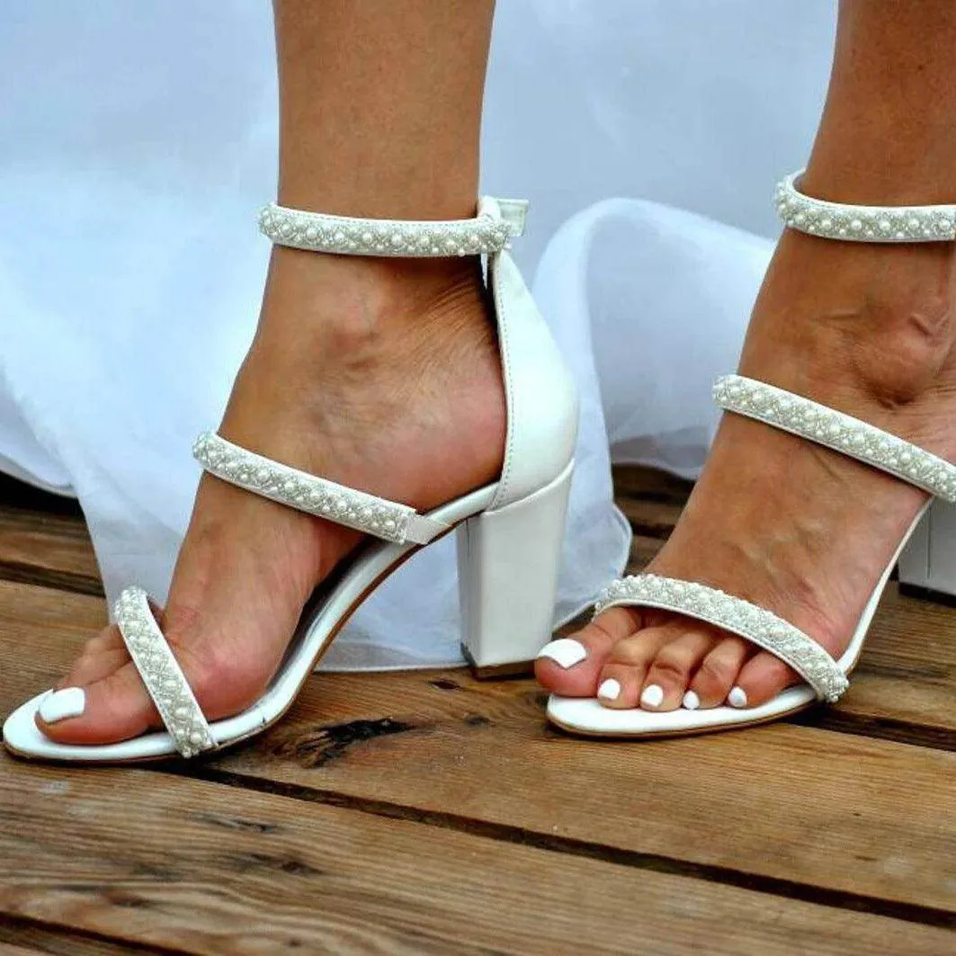 White Pearl Ankle Strap Round Block Heel Sandals 709269474640