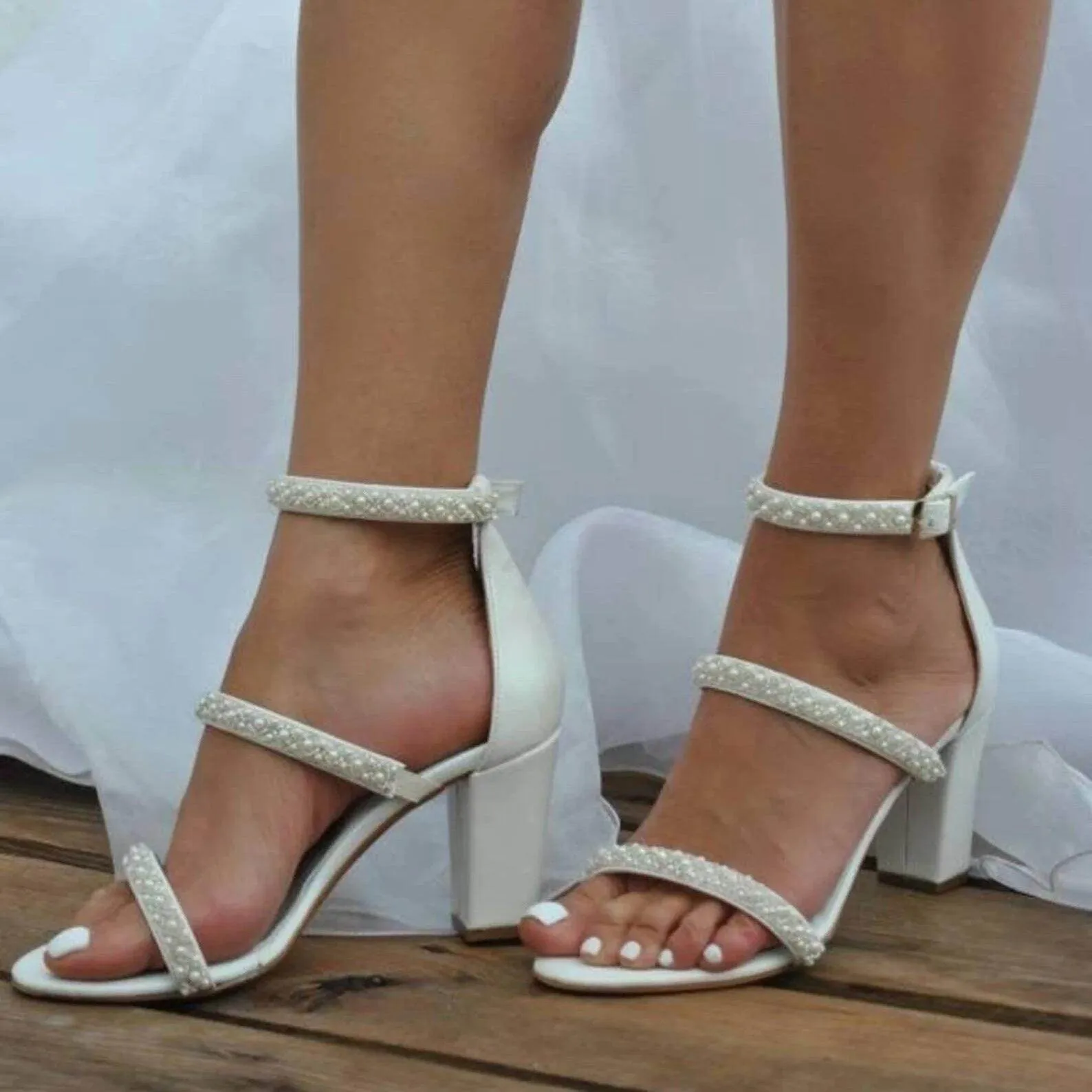 White Pearl Ankle Strap Round Block Heel Sandals 709269474640