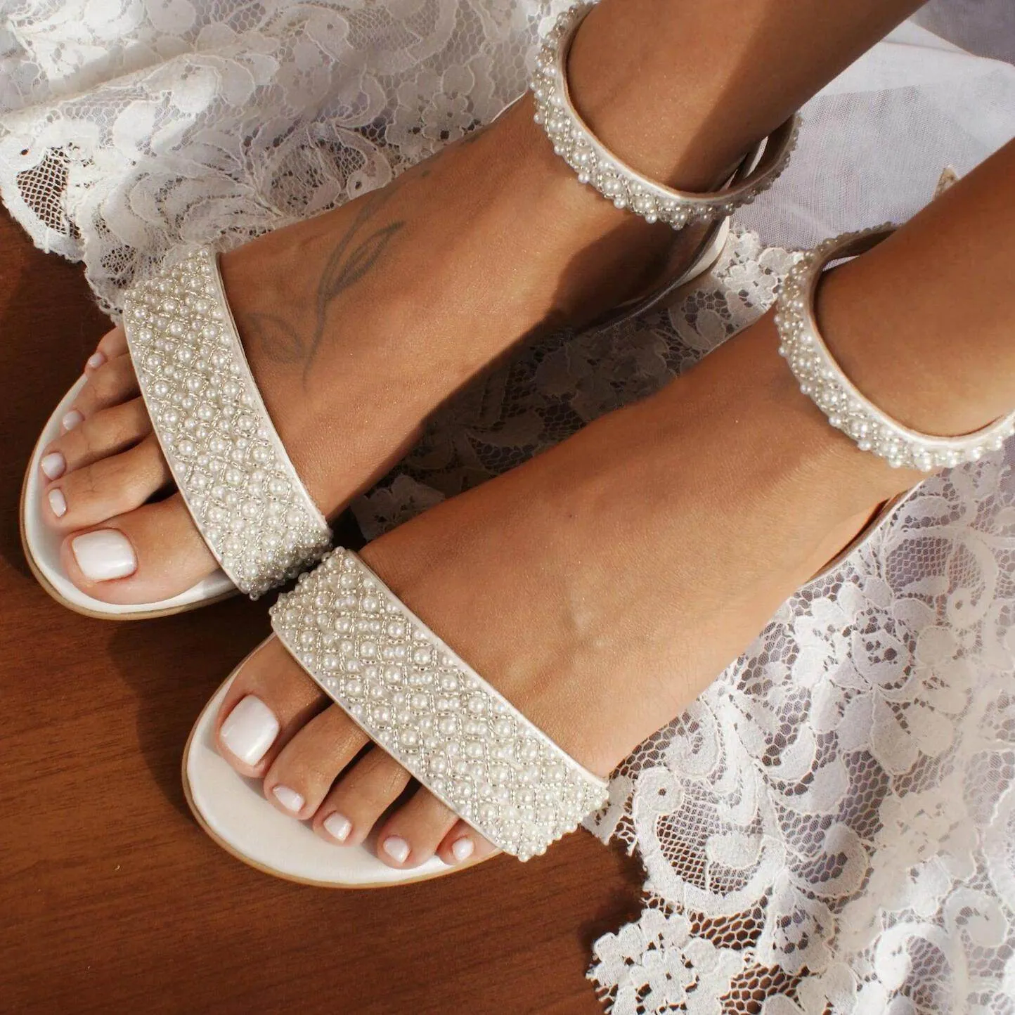 White Pearl Ankle Strap Round Flat Shoes 709075859698