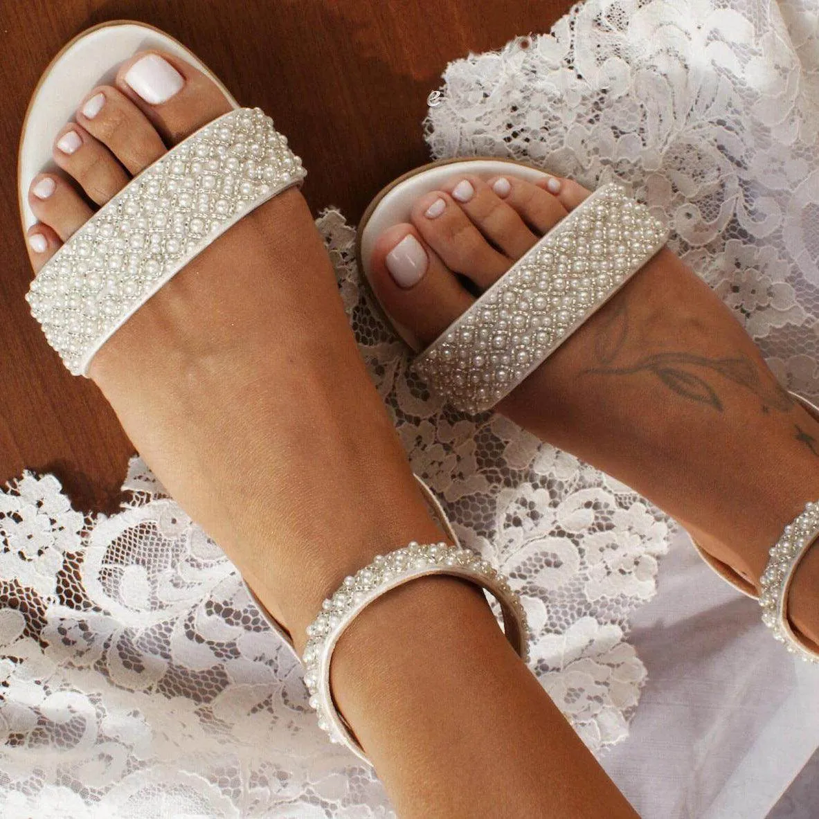 White Pearl Ankle Strap Round Flat Shoes 709075859698