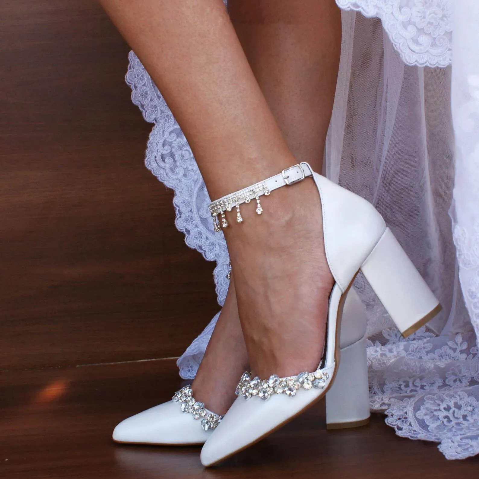 White Rhinestone Ankle Strap Pointy Block Heels 709534419682